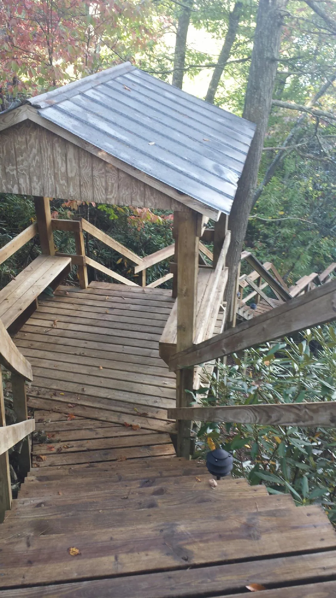 Metal roofed shelter over wooden steps on a wooded walkway — Skylight Repair & Installation work by our crew in Lapeer